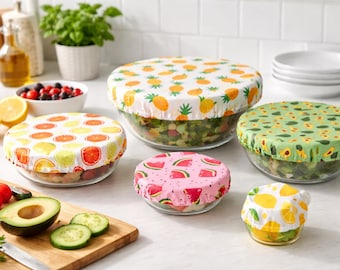 Set of 5 Reusable Fabric Bowl Covers,  cover for Bowls, Cups, Pots, food, Stretchable Elastic Cover, sustainable