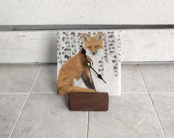 Handmade marble tile clock with fox motif