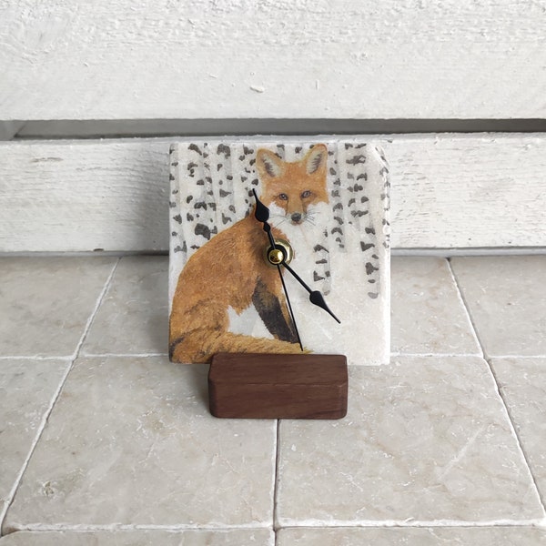 Handmade marble tile clock with fox motif