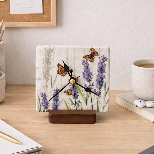 Handmade marble tile clock with butterflies, including wooden stand