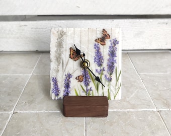 Handmade marble tile clock with butterflies