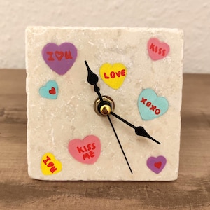 Hand painted marble tile clock with heart motif