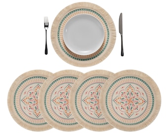 Tischset mit 4 runden Platzmatten, Platzdeckchen im Boho Stil mit Mandala Muster , Optional mit Untersetzer, 1er-, 2er-, 4er-Set