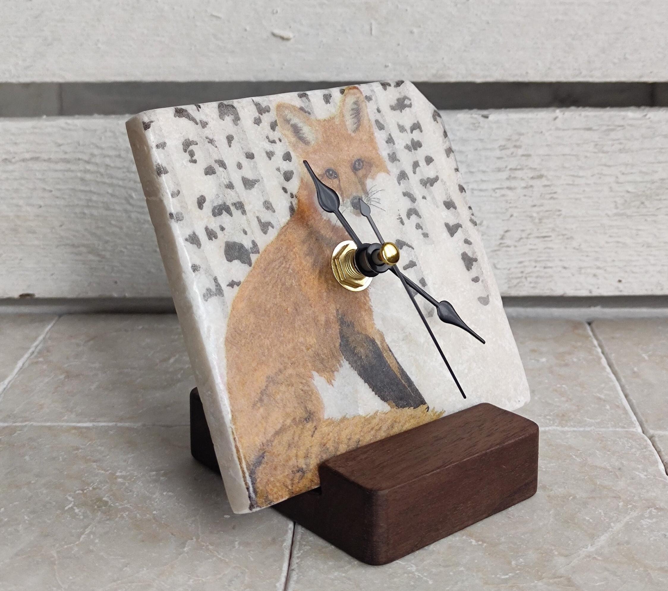 Tile Clock Handmade Marble Tile Clock With Fox Motif, Including Wooden Stand - Etsy