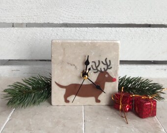 Handmade marble tile clock with Christmas dachshund motif