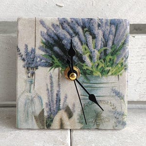 Marble tile clock including wooden stand, small table clock, shelf clock, with lavender motif
