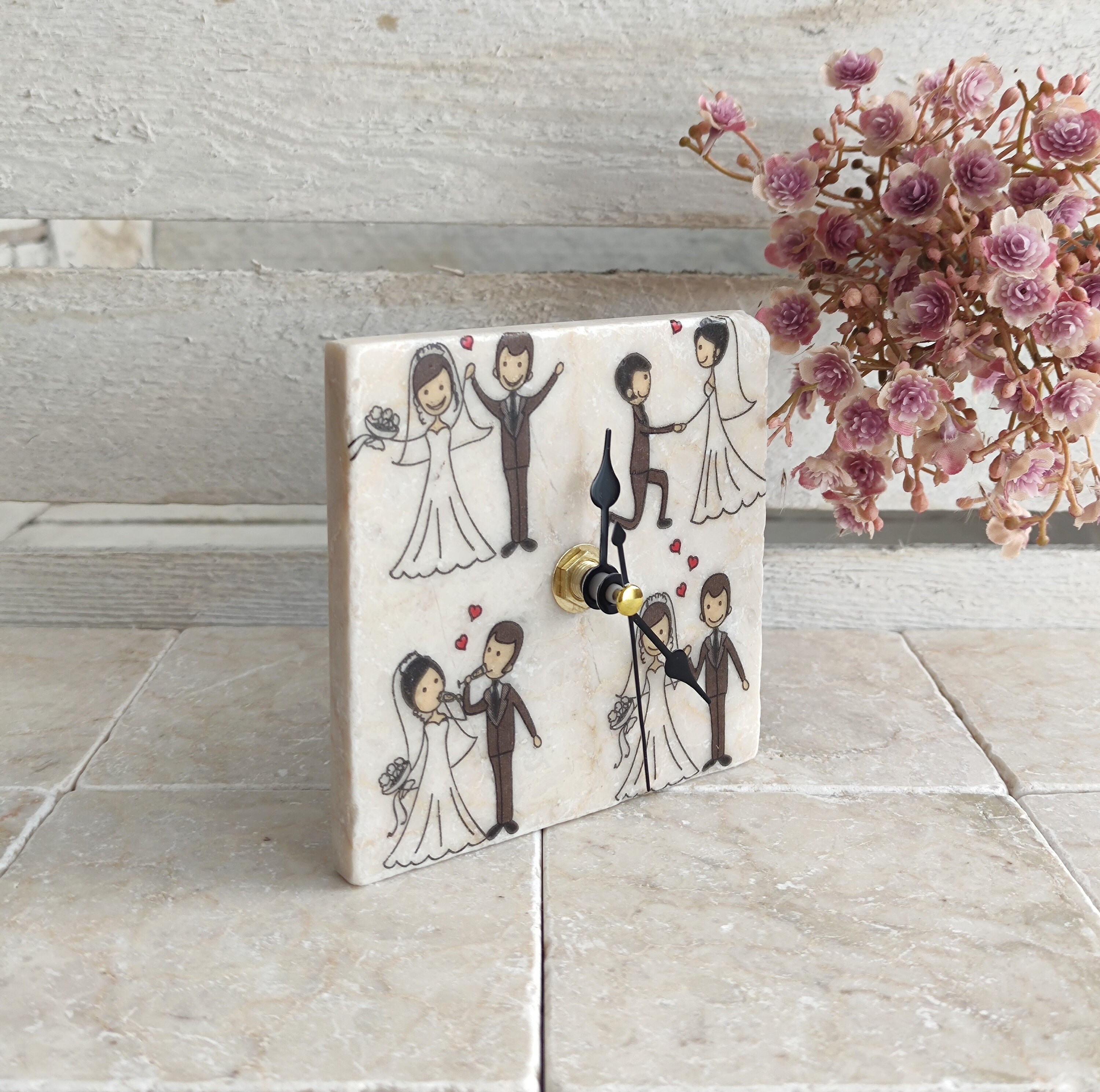 Tile Clock Handmade Marble Tile Clock With Wedding Motif, Including Wooden Stand ...