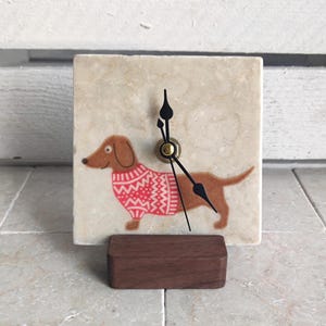 Handmade marble tile clock with Christmas dachshund motif, including wooden stand
