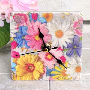 Handmade marble tile clock with flower motif, including wooden stand