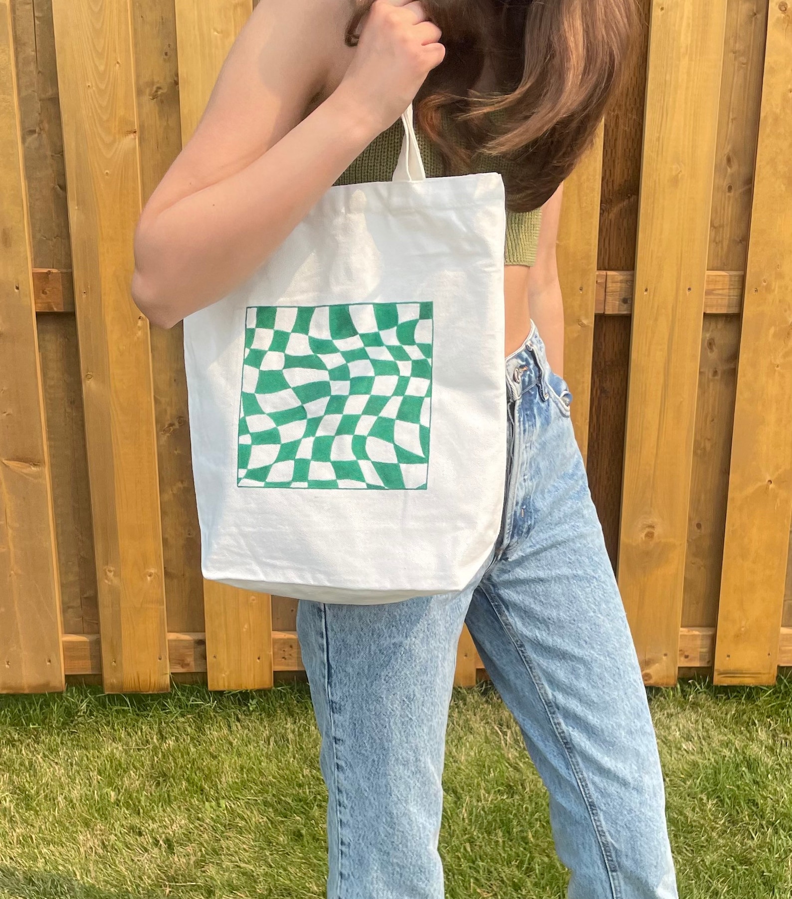 Green wavy checkered tote bag handmade one of a kind Etsy