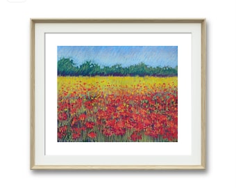 Poppy field, oil pastel painting