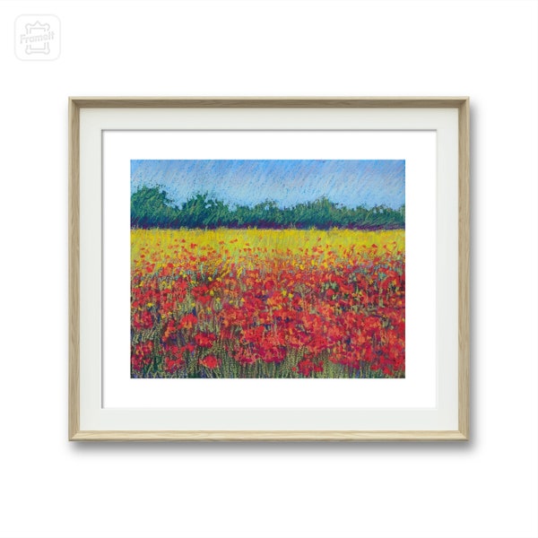 Poppy field, oil pastel painting