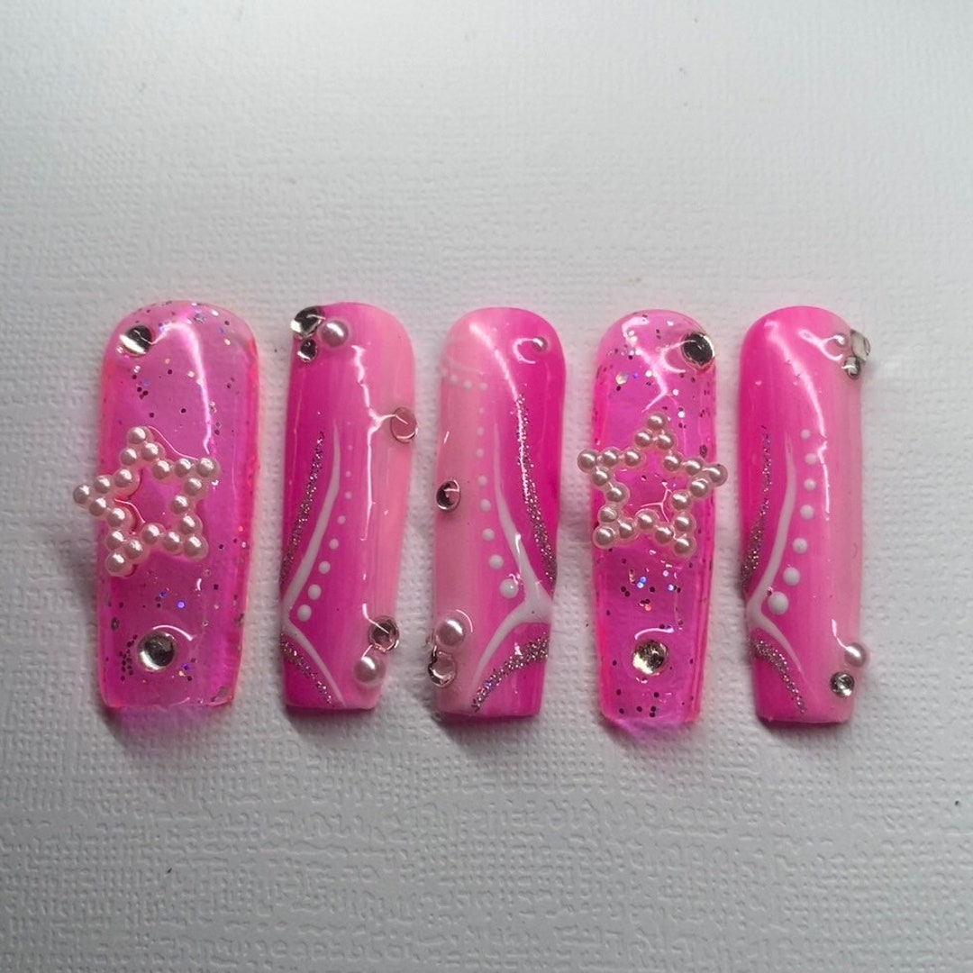 10 Pcs Pink Jelly Glitter Nails Y2k Press on Nails Y2k Nail Etsy