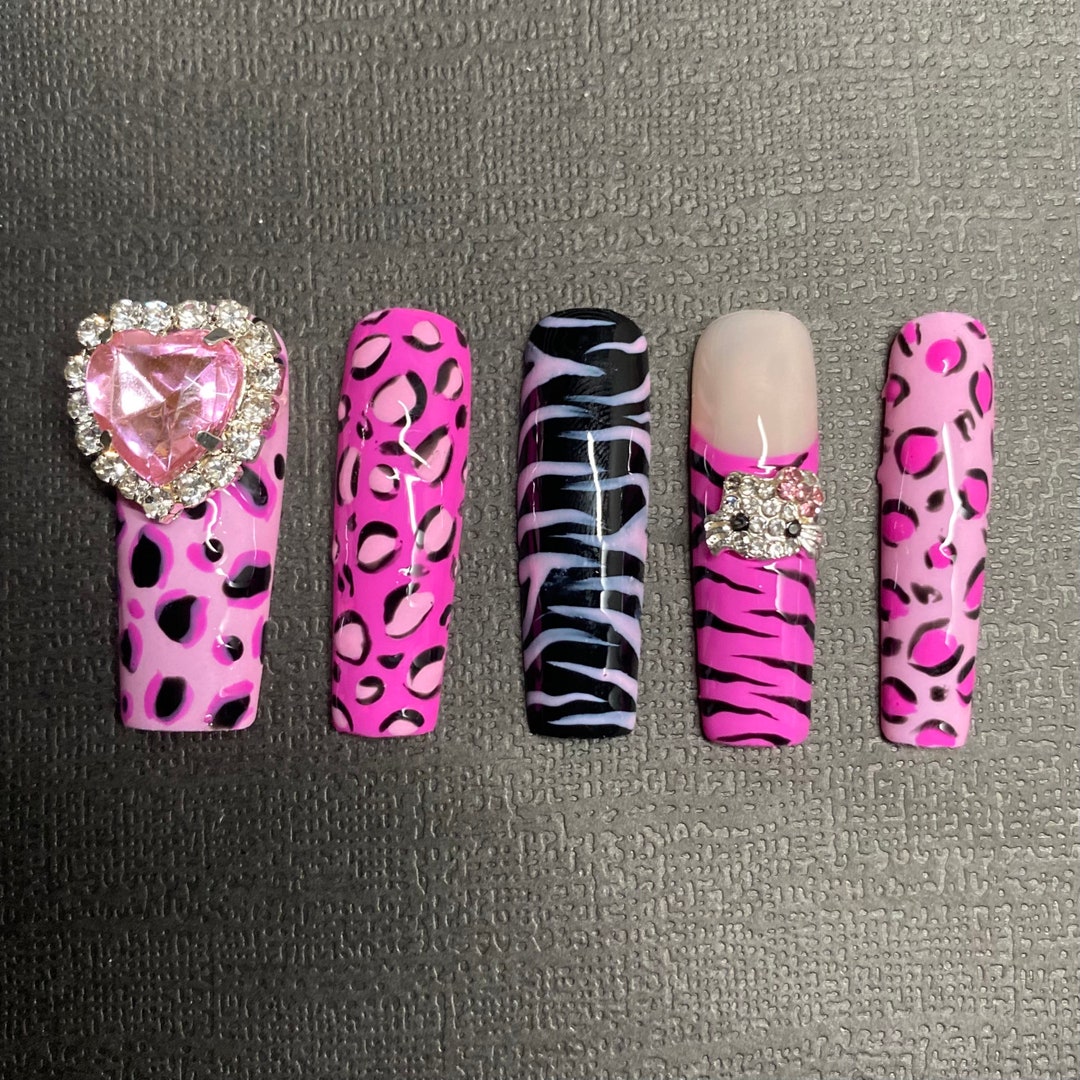 10 Pcs Y2k Nails Mcbling Nails Zebra Nails Leopard Nails Etsy