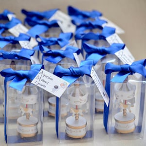 Carousel Concept Favors, Baby Boy White Carousel with Blue Ribbon Gifts, Baby Shower Favors, Christening Baby Favors, First Birthday Gifts