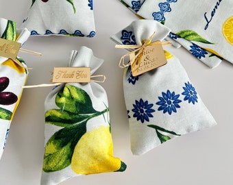 Mediterranean Wedding Favors, Italian Blue, Olive and Lemon Theme Pouch Bag, Summer Wedding Party Favor, Destination Wedding