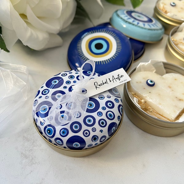 Wedding Favors Soap in Evil Eye Metal Box, Jewelry Box Favors, Party Gifts for Guests, Greek and Turkish Favors, Henna Night, Islamic Gifts
