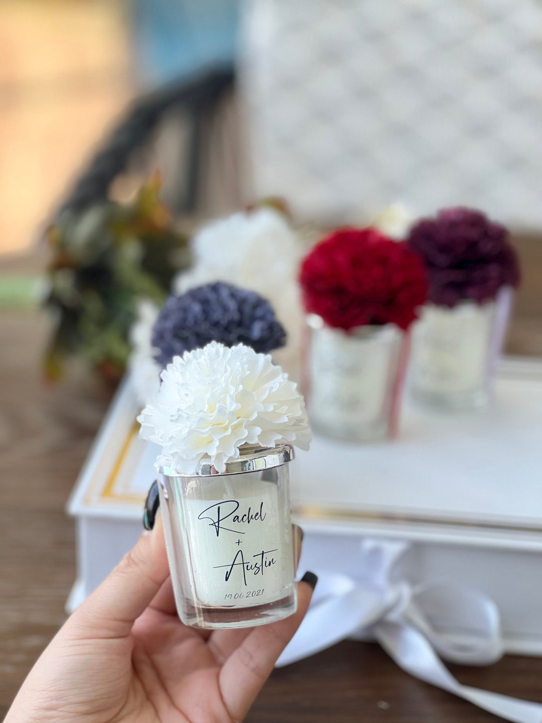 Personalized Luxury Wedding Favor for Guests, White Flower Candle ...