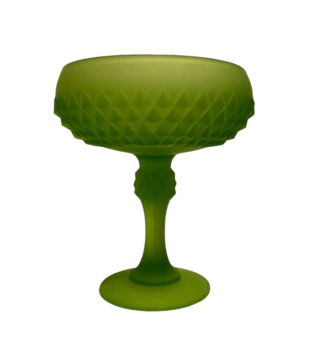 Vintage Indiana Glass Pedestal Bowl, Frosted Green Diamond Cut Pattern