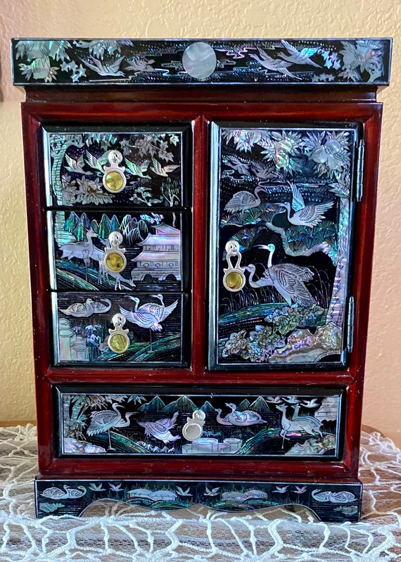 Mother of Pearl Inlaid Cherry Lacquer Jewelry Box - image 1