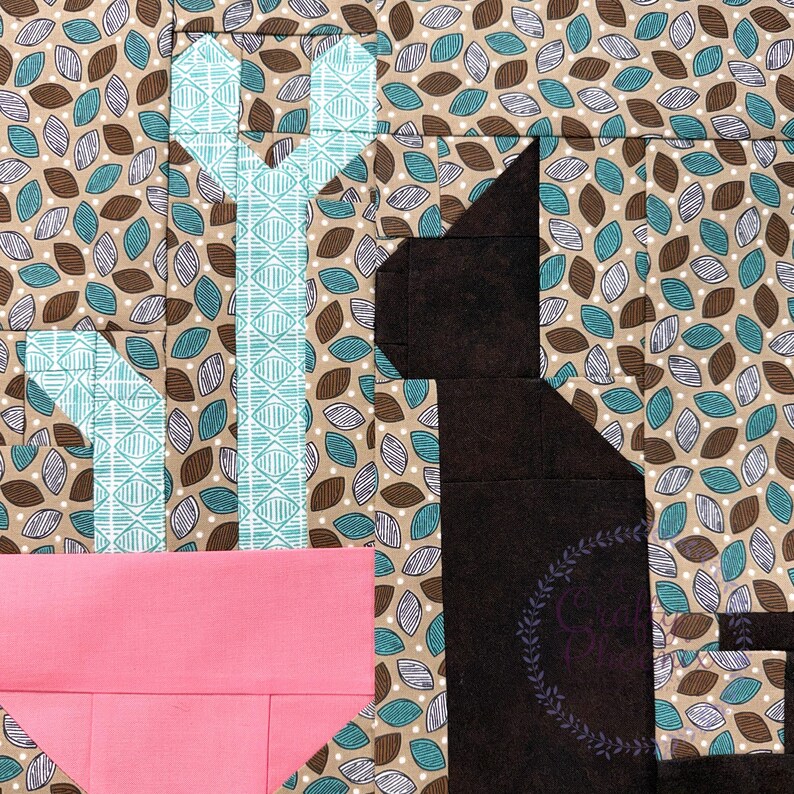 Cat with Plant Quilt Block PDF Pattern, endet bei 12,5 