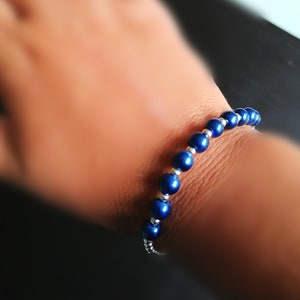 Faux Pearl beads and Silver plated palatinate Blue Bracelet elasticated