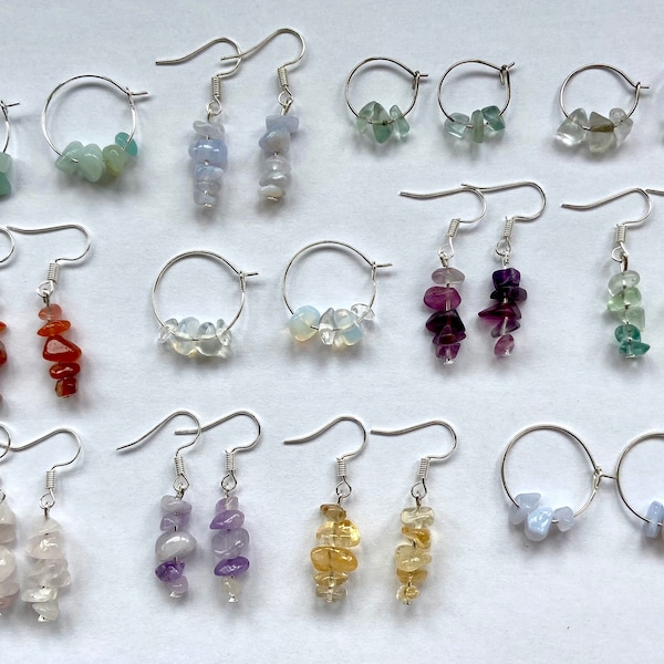 Crystal Drop Earrings | 15mm 20mm 25mm Hoop Earrings | Carnelian, Citrine, Opalite, Fluorite, Amazonite, Blue Lace Agate, Amethyst, Quartz