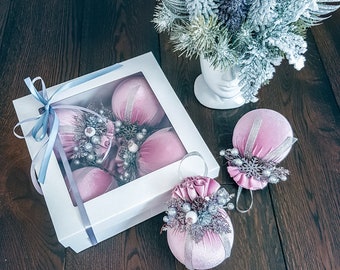 Pink 3.94 Inch (10cm) Luxury Handmade Christmas Tree Decorations | Velvet Balls | Christmas Balls | Xmas Baubles | Xmas Ornaments