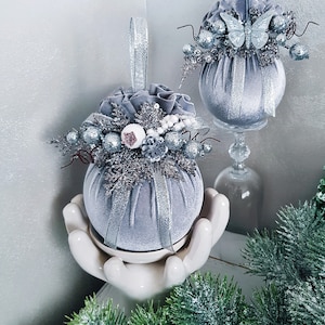 Gray 3.15 Inch (8 cm) Luxury Handmade Christmas Tree Decorations | Velvet Balls | Christmas Balls | Xmas Baubles | Xmas Ornaments