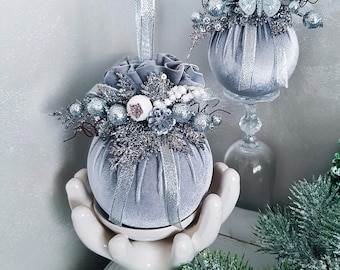 Gray 3.15 Inch (8 cm) Luxury Handmade Christmas Tree Decorations | Velvet Balls | Christmas Balls | Xmas Baubles | Xmas Ornaments