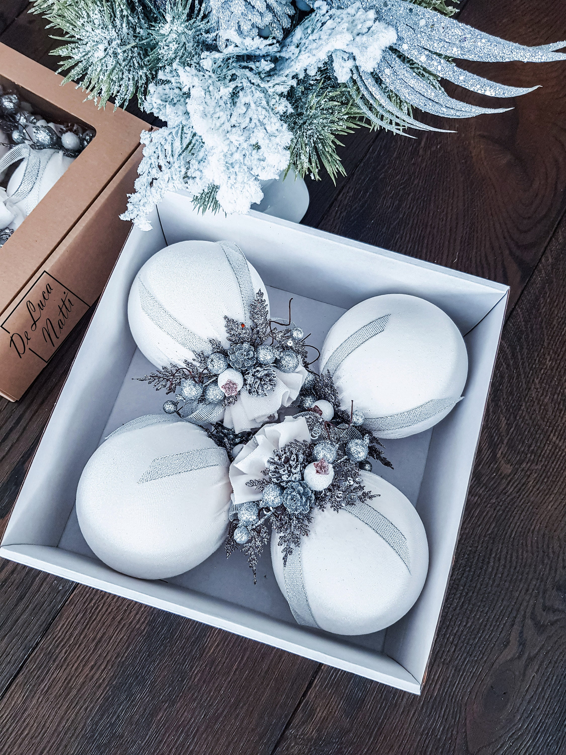 White 3.15 Inch (8 cm) Luxury Handmade Christmas Tree Decorations | Velvet Balls | Christmas Balls | Xmas Baubles | Xmas Ornaments