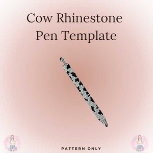 May include: Cow print rhinestone pen template. The pen is black and white with a cow print design. The template is for making a pen with rhinestones.