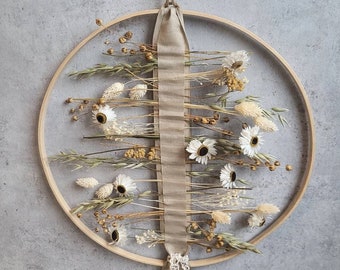 Trockenblumenkranz Wilde Wiese, Flowerhoop, Dried Flowers, Boho, Wandkranz, Fensterkranz, Holzring mit Webband, Natur, 25 oder 35cm