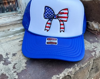 USA Bow Foam Trucker, Patriotic Hat, Summer Season, Summer Trucker Hat, Flag Ribbon Bow