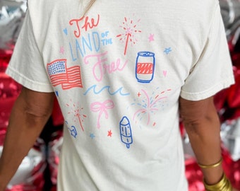 Land of the Free Doodle, USA Era Graphic T-Shirt, Seasonal, 4th of July, Patriotic Tee