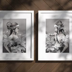 Javanesisk dansare-serie, set om 2, monokromatiskt indonesiskt illustrationstryck