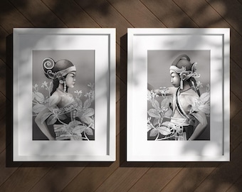 Javanese Dancer Series Set of 2, Monochromatic Indonesian Illustration Print