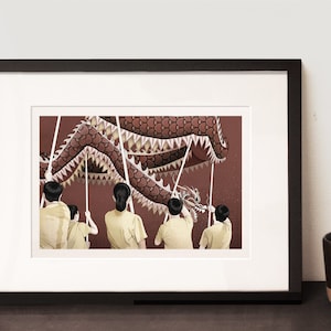 Chinese Dragon Dancer Landscape Series, Penang, Malaysia, Illustration Art Print, Handmade Print Gift, A4-A3