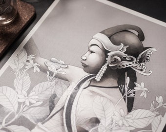 May include: A black and white illustration of a person wearing a traditional headdress with intricate details. The person is surrounded by stylized floral elements.