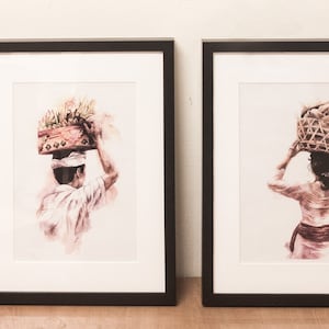 Coppia di serie di offerte balinesi, set di 2, stampa artistica ad acquerello, regalo originale fatto a mano, A5-A2