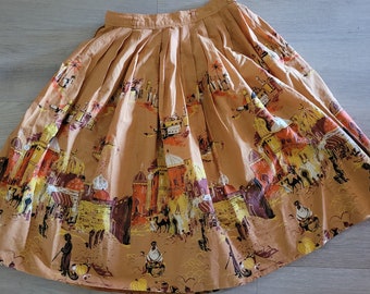 Vintage novelty skirt 1950s-early 1960s Arabic marketplace scene, cotton, 26-inch waist