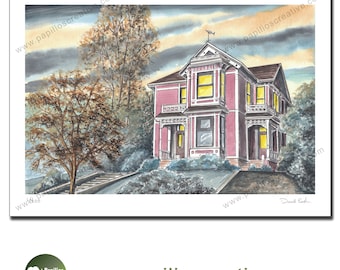 Halliwell Manor de Charmed pluma y acuarela Impresión de edición limitada