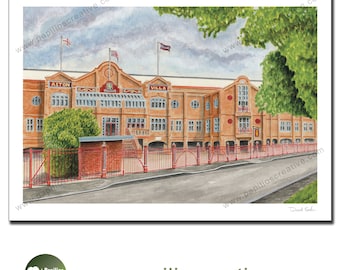 May include: Watercolor painting of Aston Villa stadium. The artwork depicts the stadium's brick facade, red gates, and flags against a cloudy sky. The words "ASTON" and "VILLA" are visible on the building. The website www.papilioscreative.com is also visible.