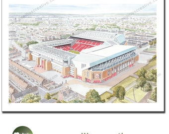 May include: An aerial watercolor painting of a large stadium with a red and white field and a white roof. The stadium is surrounded by a city with houses and trees.