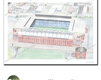May include: An aerial watercolor painting of Ibrox Stadium, home of the Rangers Football Club in Glasgow, Scotland. The stadium is shown in red brick with a green field and a blue running track. The words "Rangers F.C." are visible on the roof of the stadium.