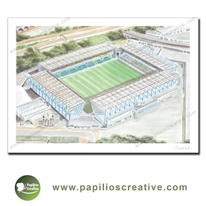 Puede incluir: Una ilustración dibujada a mano de un estadio de fútbol con un campo verde y asientos azules y blancos. El estadio está rodeado de árboles y edificios. La ilustración está firmada "David Smith".