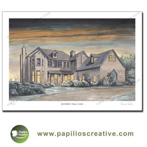 May include: Watercolour painting of a large house with multiple windows and a chimney. The house is beige with a dark grey roof. The sky is a mix of orange and grey. The text "Sta Macher's House, Scream" is visible.