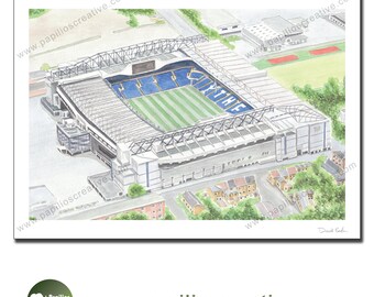 May include: A watercolor painting of Stamford Bridge, the home of Chelsea Football Club. The stadium is shown from an aerial perspective, with the pitch and stands visible. The painting is in shades of blue, green, and gray.