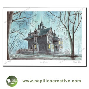 Spooky Mansion pen and watercolour Limited Edition poster print by Dave Baldwin