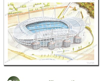 May include: A watercolor painting of the Etihad Stadium in Manchester, England. The stadium is a light blue color with white accents and a large, open roof. The painting is done in a realistic style and shows the stadium from an aerial perspective.